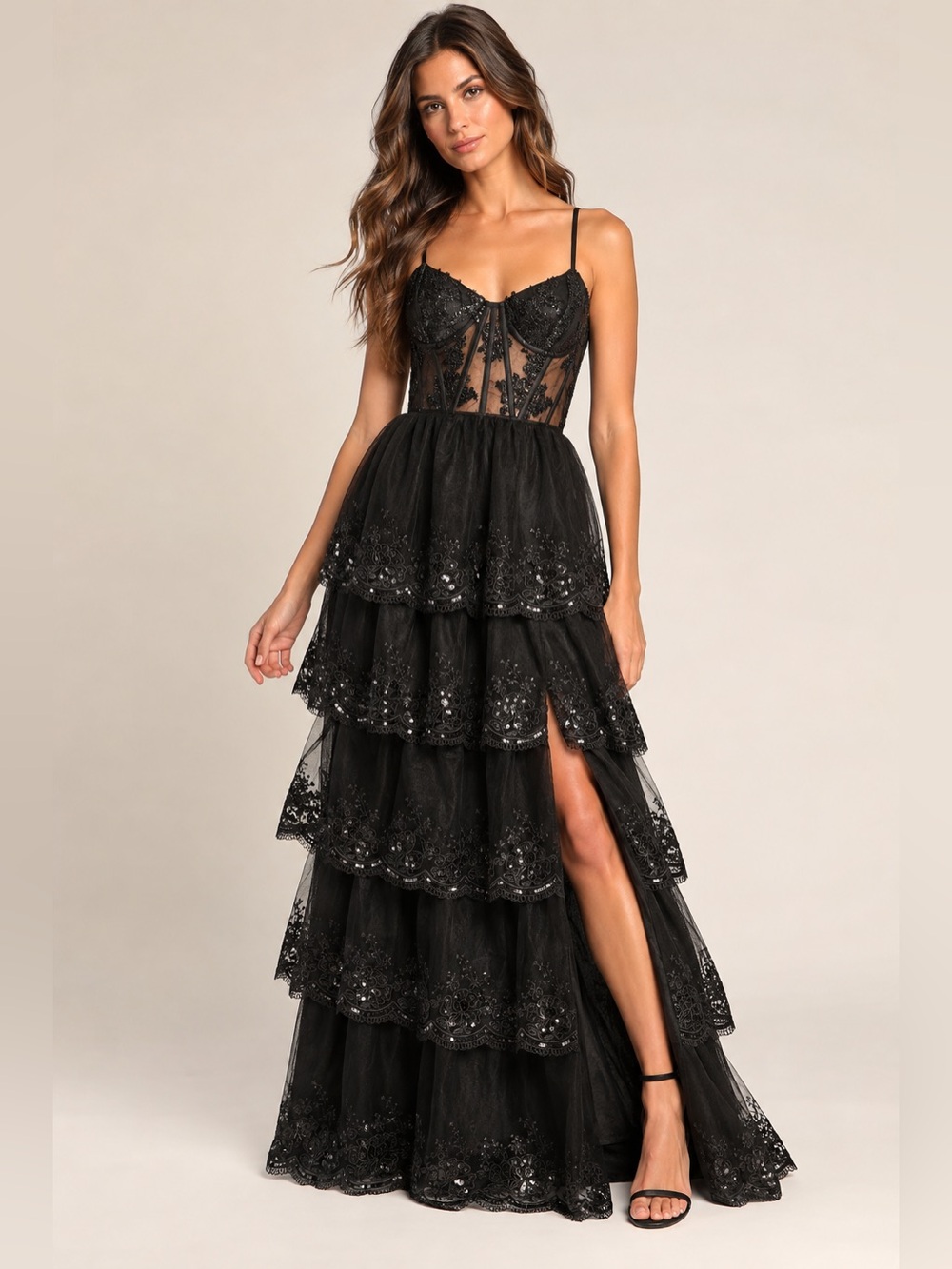 Lulus Alluring Sensation Black Tulle Embroidered Sequin Tiered Maxi Dress M